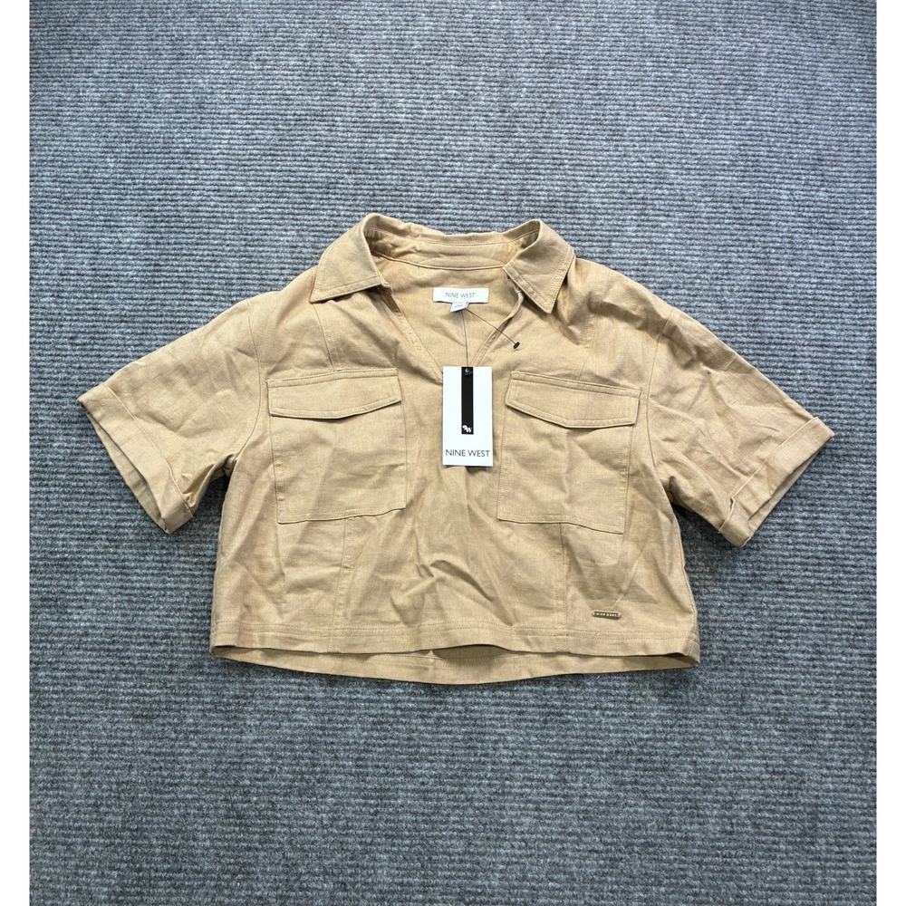 Nine West Women's Linen Blend Cropped Utility Shirt‎ Short Sleeves Khaki Size XS